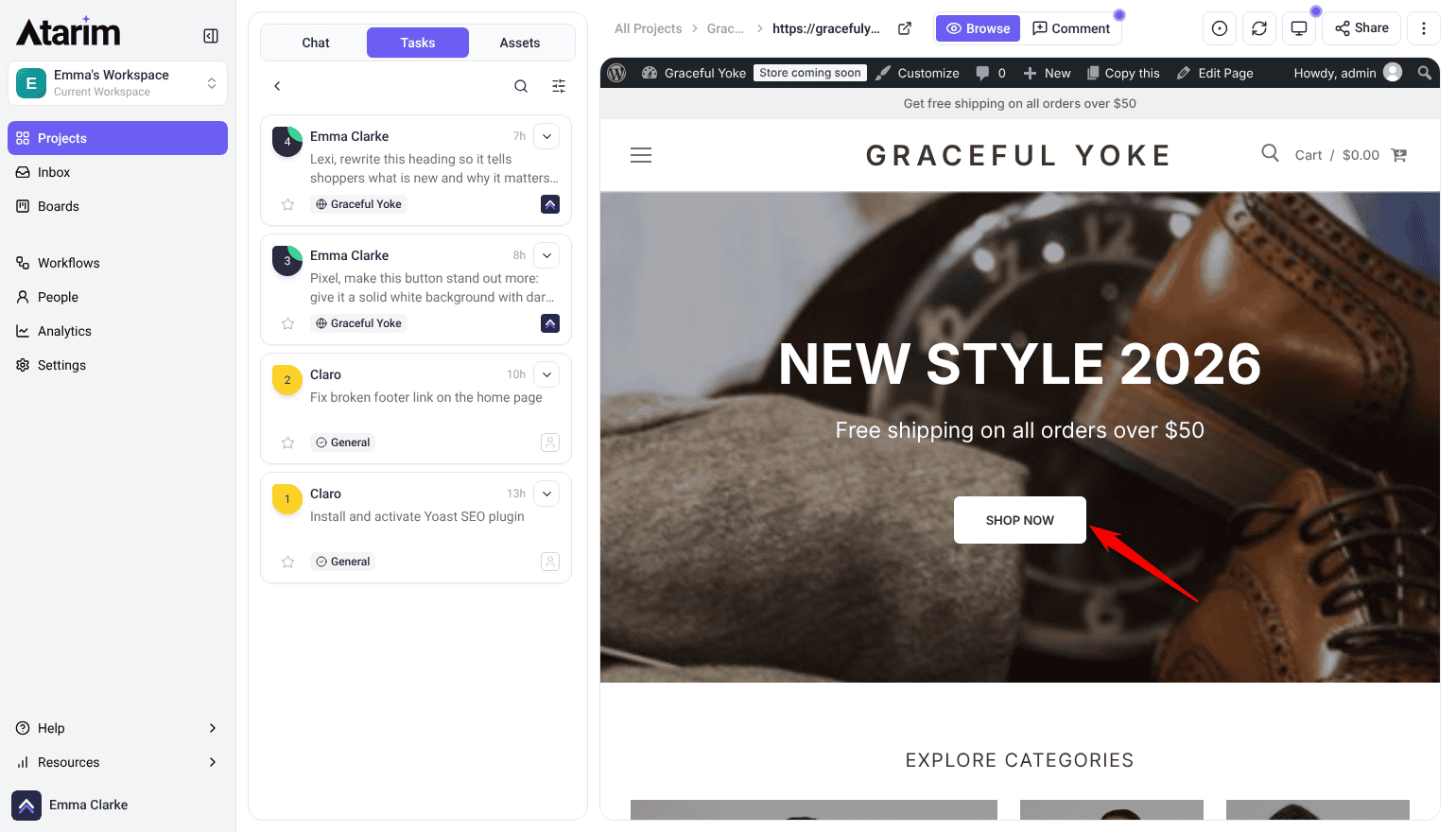 The Shop Now button restyled by Pixel's change, live on the WordPress page