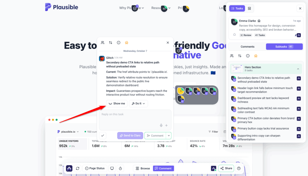 Glitch's finding Secondary demo CTA links to relative path open on the page with Show me and Do It beneath it; the arrow points at Show me