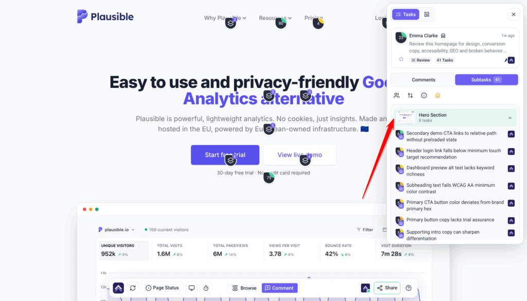 Review task Subtasks tab in the Collaborate sidebar with findings grouped under Hero Section; the arrow points at the Hero Section group