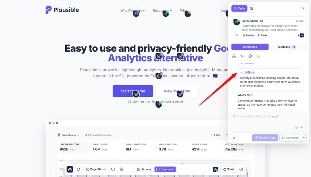 Review task open in the Collaborate sidebar with Claro's Team Handoff list and the @Glitch brief expanded; the arrow points at @Glitch