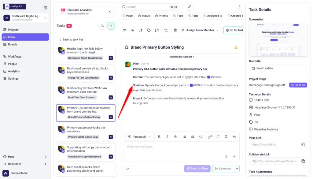 Inbox task view of a Pixel finding on the primary button color, with Current, Solution and Impact, the page Screenshot and Technical Details; the arrow points at Solution