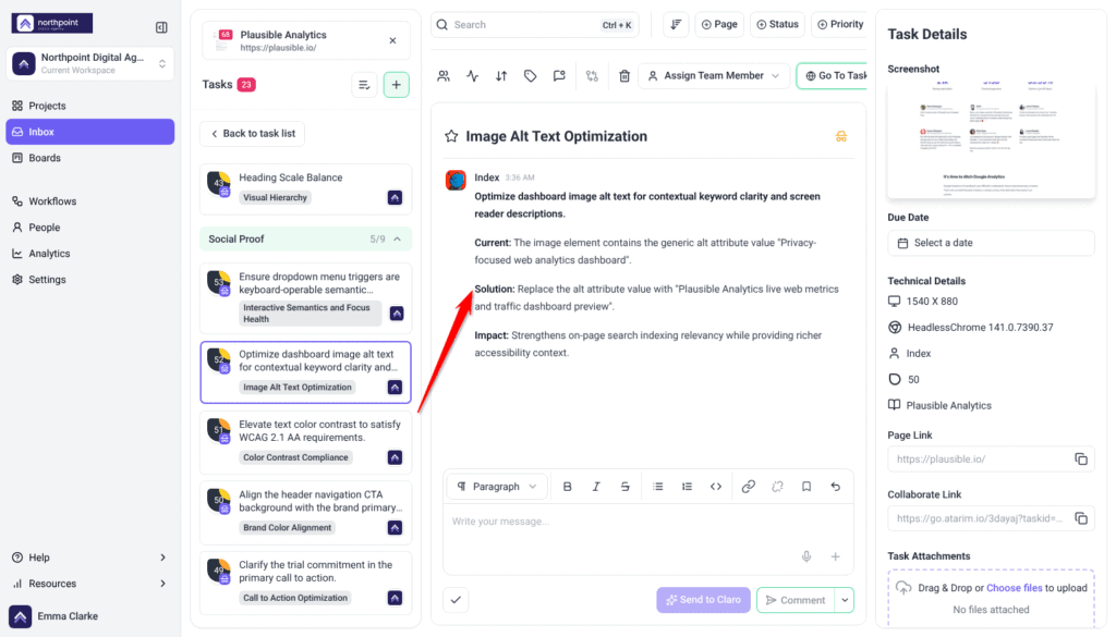 Inbox task view of an Index Image Alt Text Optimization finding with Current, Solution and Impact