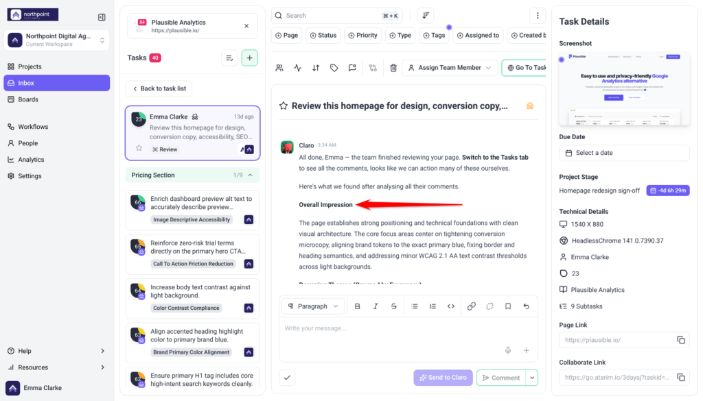 Claro's review summary in the Inbox task thread, opening with Overall Impression; the arrow points at the Overall Impression heading