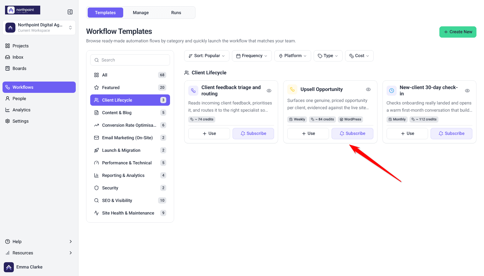 Workflow Templates filtered to Client Lifecycle, with the arrow pointing at the Upsell Opportunity template card (Weekly, ~ 84 credits, WordPress)
