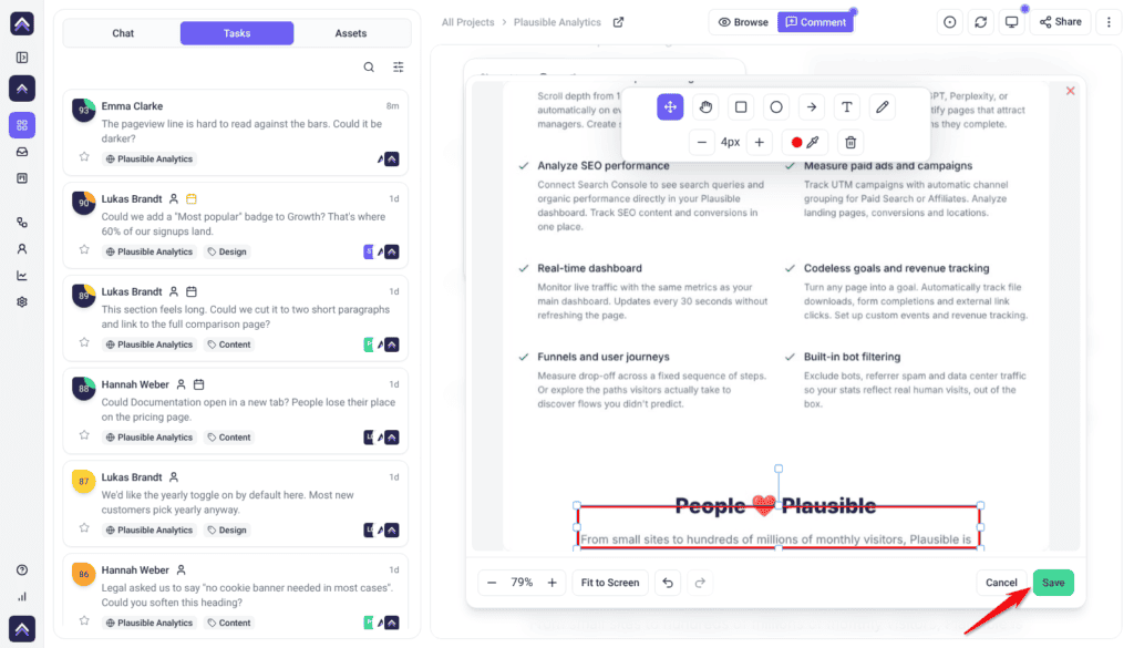 Annotation editor with the marked-up screenshot and the Save button