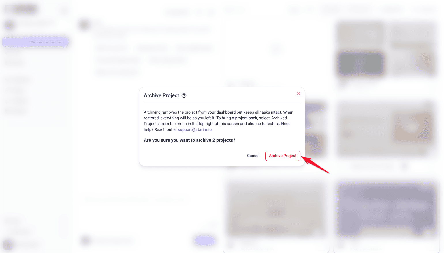 Archive Project dialog asking "Are you sure you want to archive 2 projects?", with the red arrow pointing at the Archive Project button.