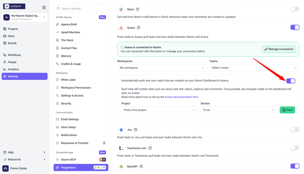 Asana settings with the arrow on the Automatically push and sync tasks switch, above the Project and Section selectors