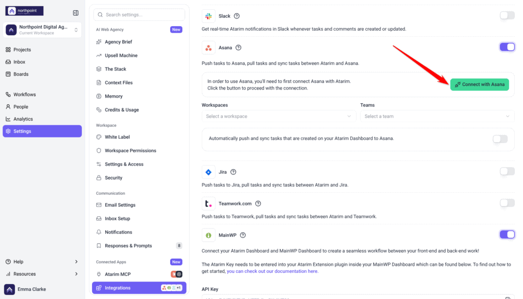 Asana card switched on with the connection notice, the arrow pointing at the Connect with Asana button