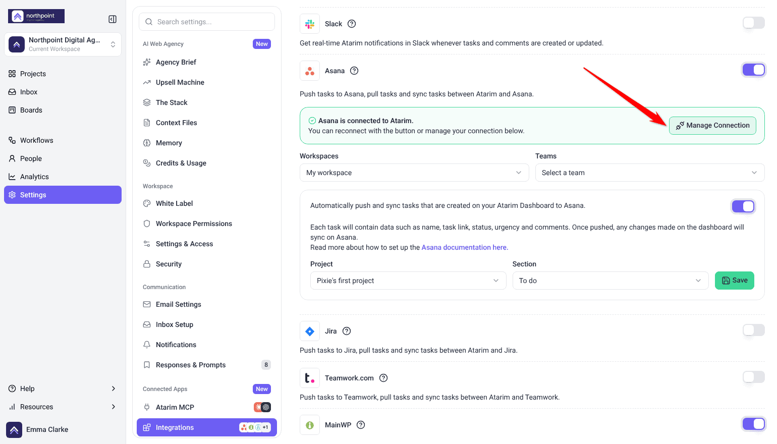 Asana card reading Asana is connected to Atarim, with the Workspaces and Teams selectors below and the arrow on Manage Connection