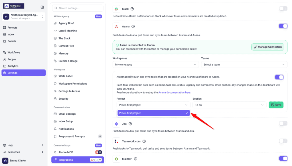 Asana settings with the Project list open on Pixie's first project, the arrow pointing at the option