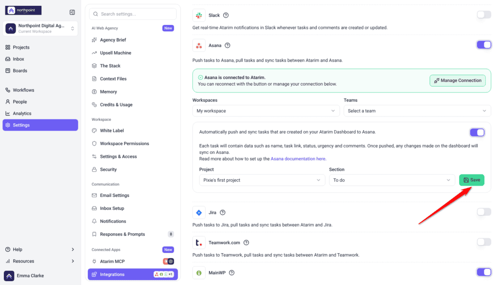 Asana settings with a project and section chosen, the arrow pointing at the Save button
