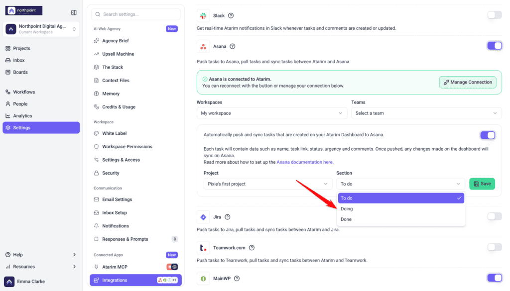 Asana settings with the Section list open showing To do, Doing and Done, the arrow pointing at Doing