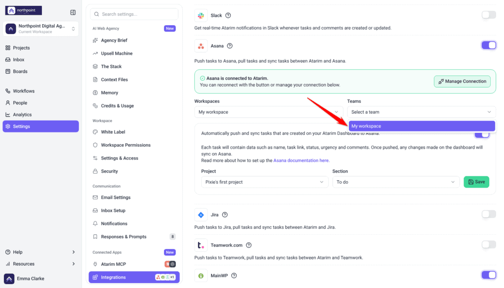 Asana settings with the Teams list open below Select a team, the arrow pointing at the team option