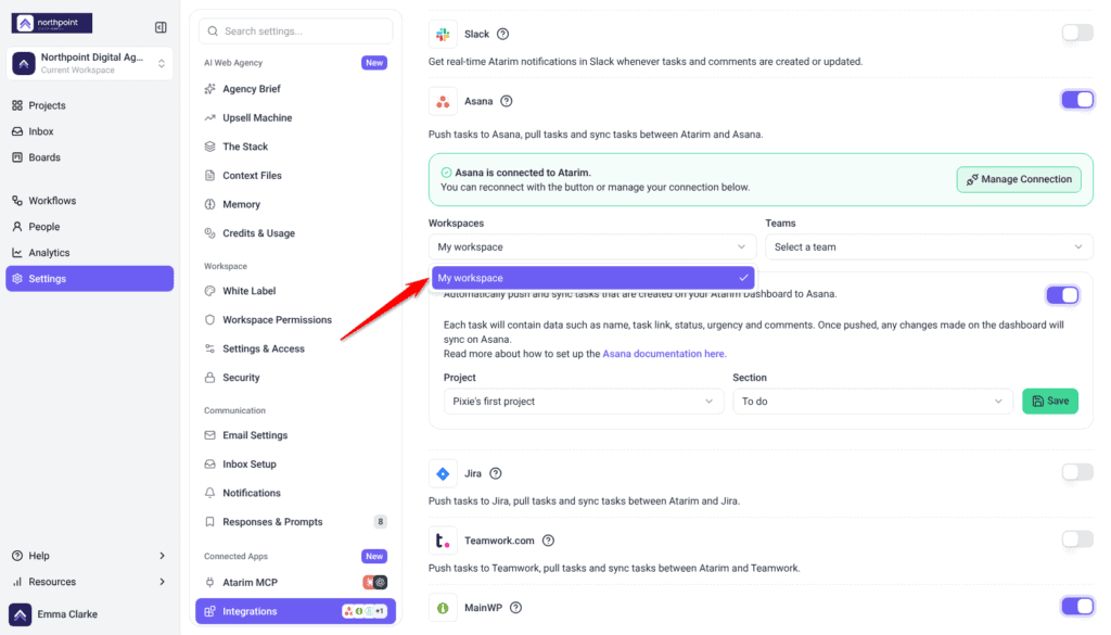Asana settings with the Workspaces list open on My workspace, the arrow pointing at the option