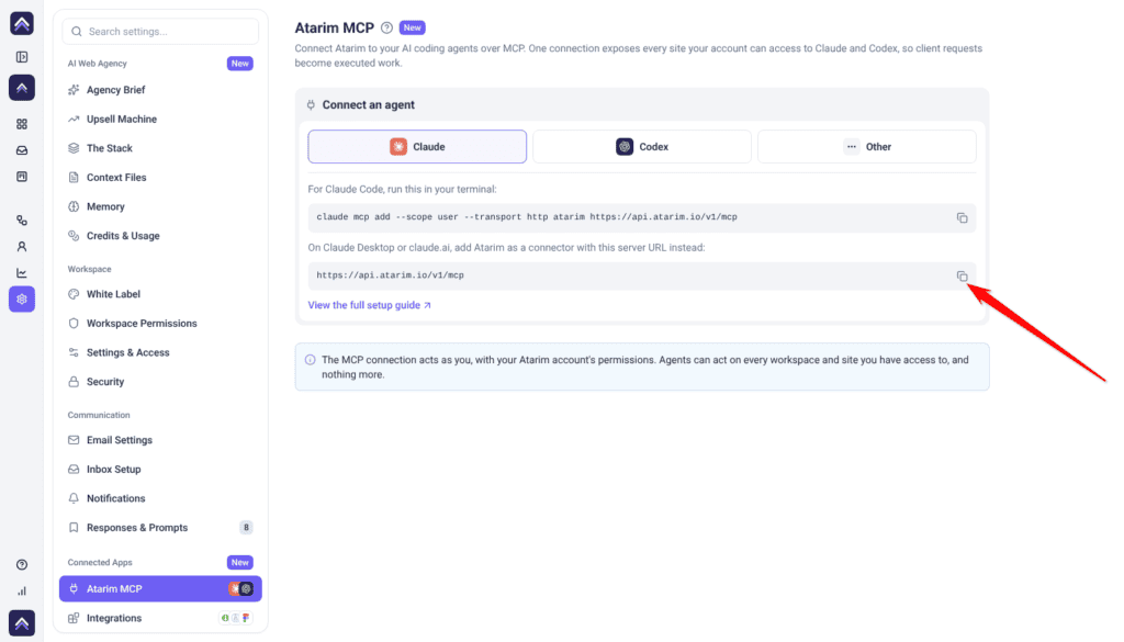 Atarim MCP with Claude selected; the arrow points at the copy control beside the https://api.atarim.io/v1/mcp server URL