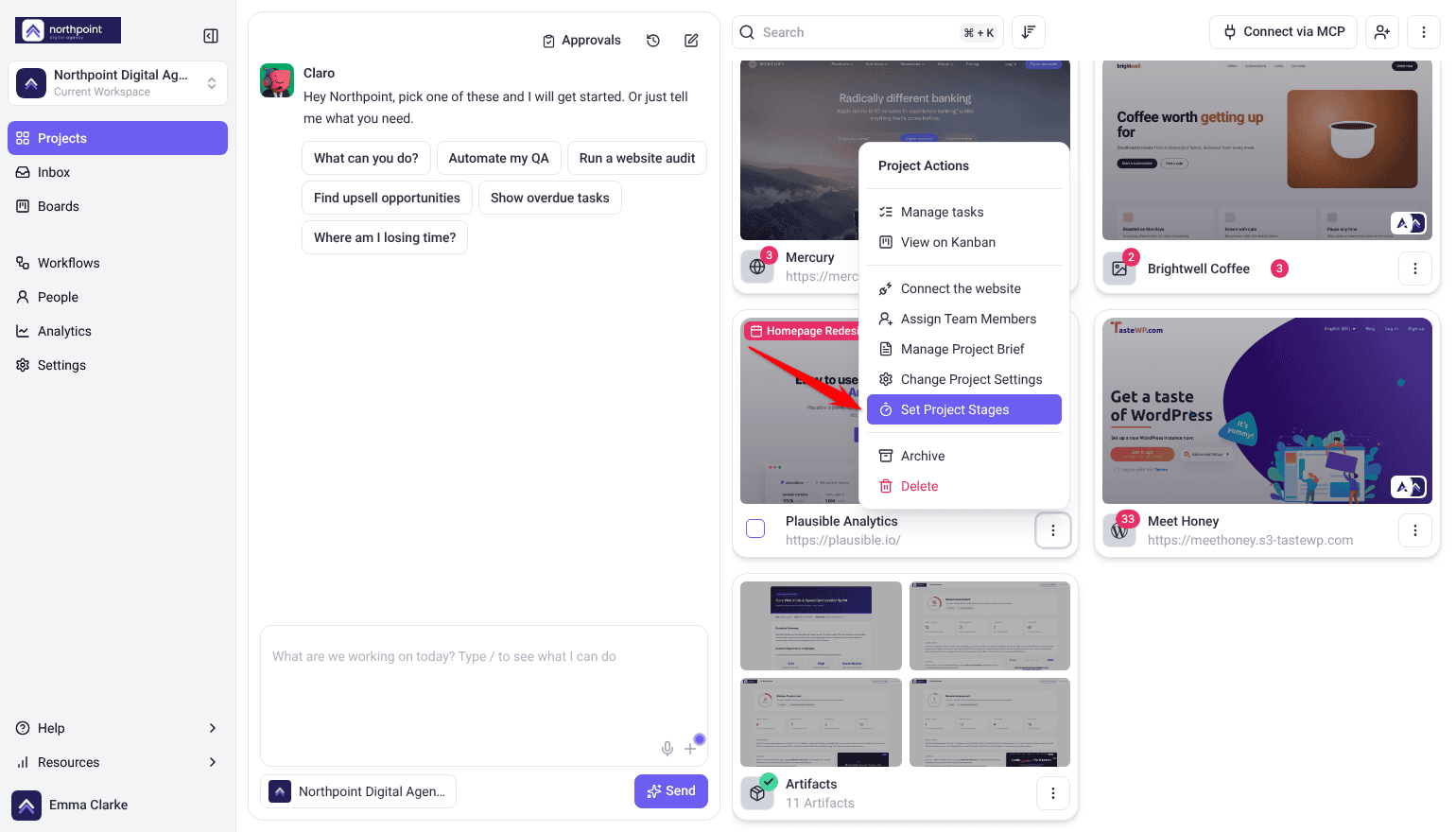 Project Actions menu open on the Plausible Analytics card; the arrow points at Set Project Stages