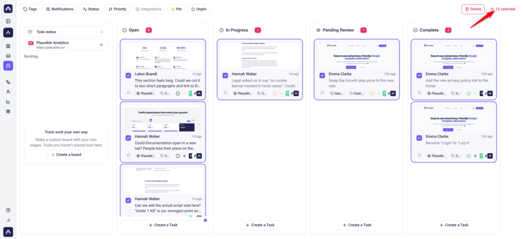 Task status board with 12 cards selected and the bulk toolbar showing Tags, Notifications, Status, Priority, Integrations, Pin, Unpin and Delete.