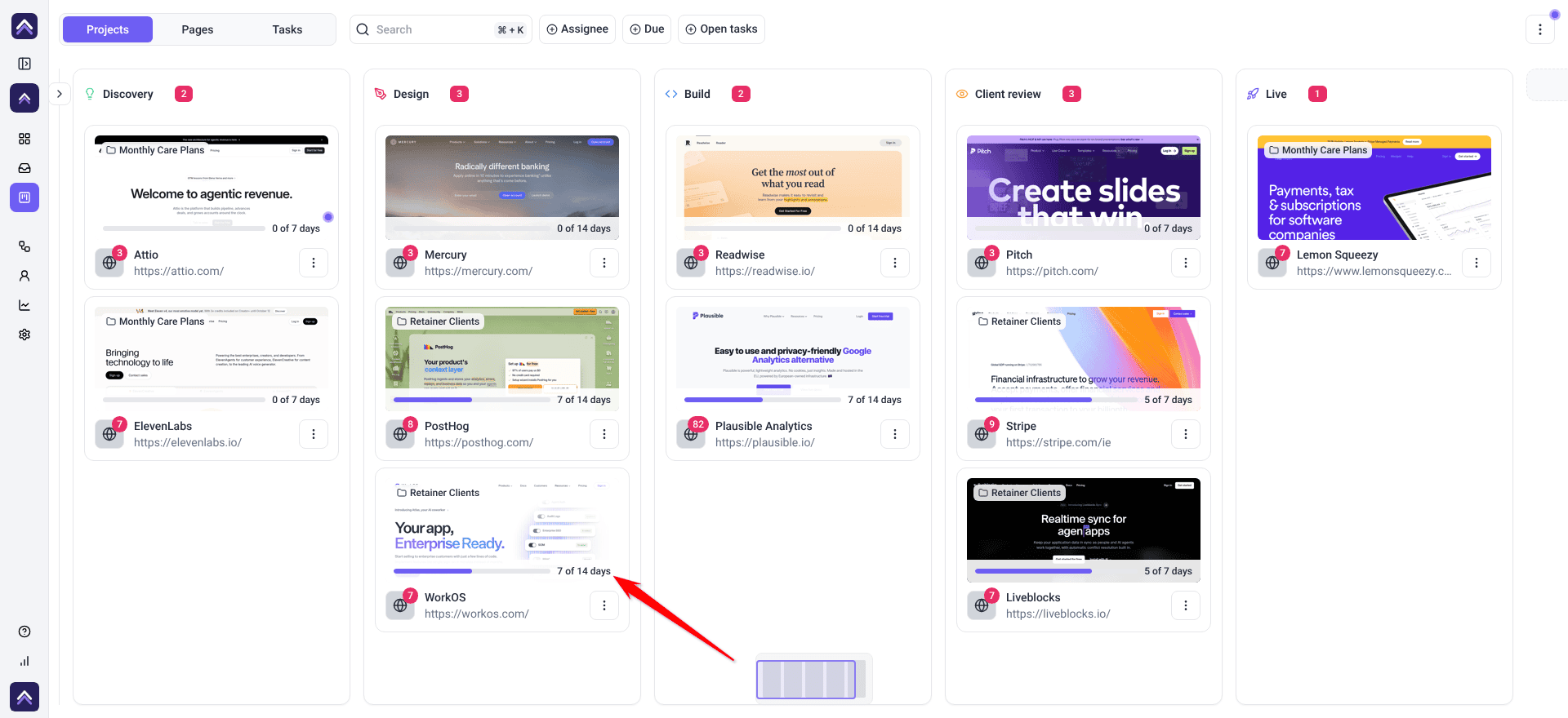 Projects board with Discovery, Design, Build, Client review and Live columns and countdown chips on the cards such as 0 of 7 days, 7 of 14 days and 5 of 7 days, with a red arrow pointing at the 7 of 14 days chip on WorkOS