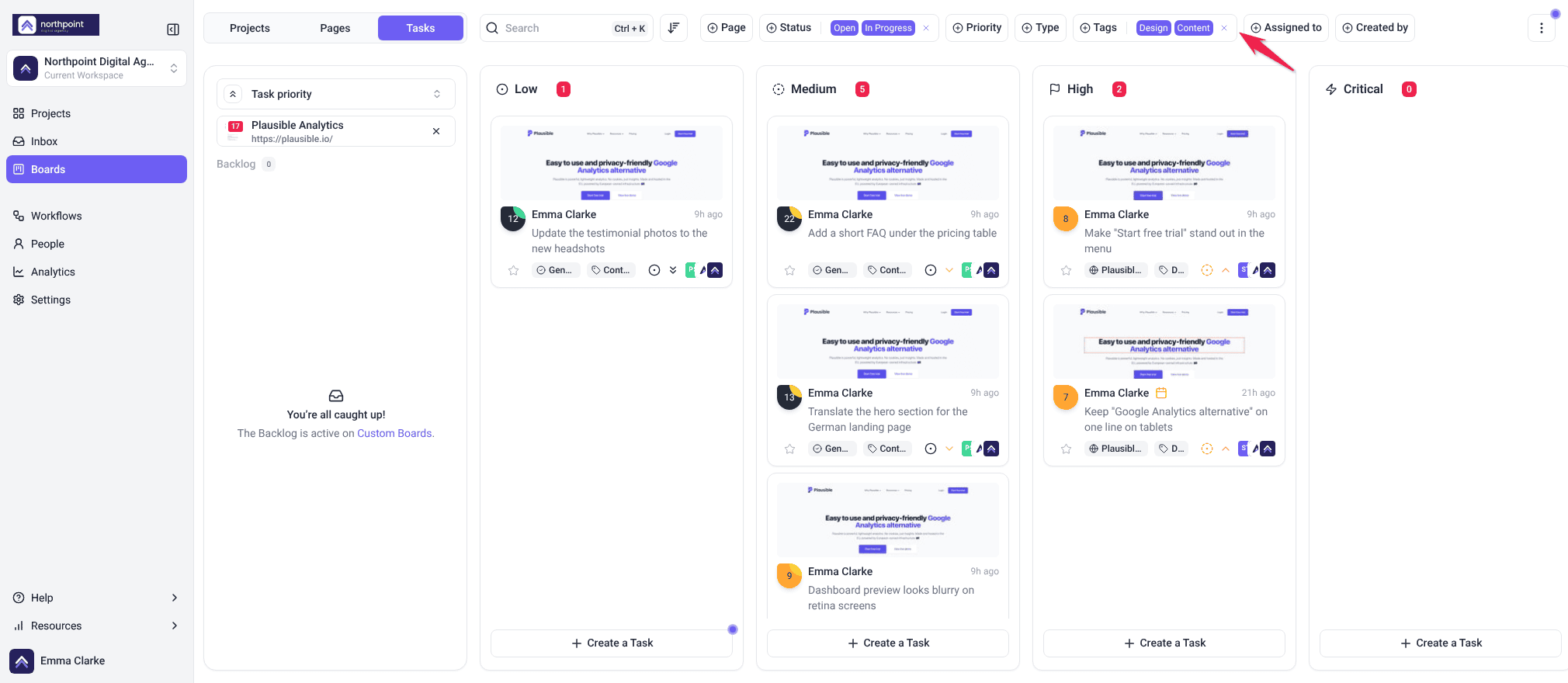 Task priority board filtered by Status (Open, In Progress) and Tags (Design, Content), arrow on the Tags filter
