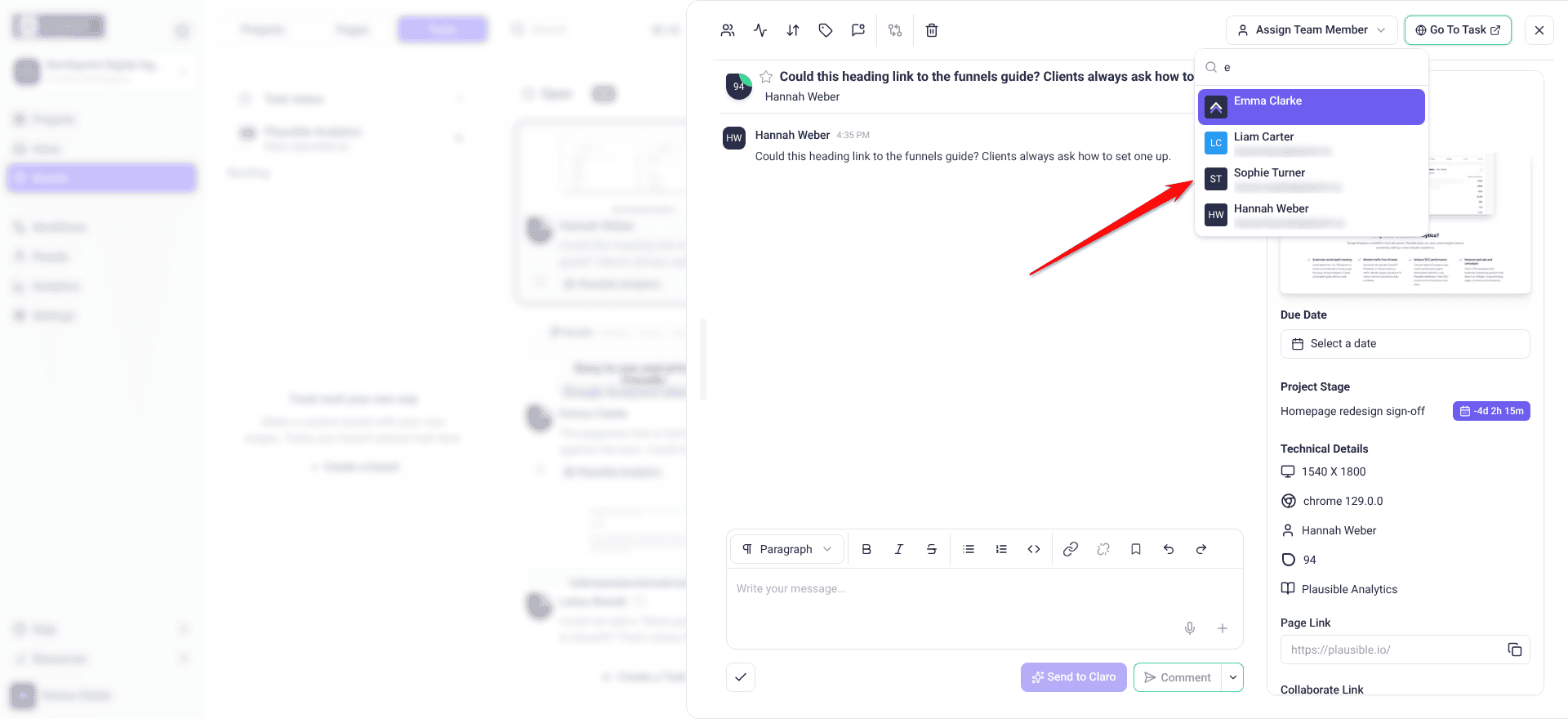 Task opened from Boards with the Assign Team Member list open, with the arrow on Sophie Turner