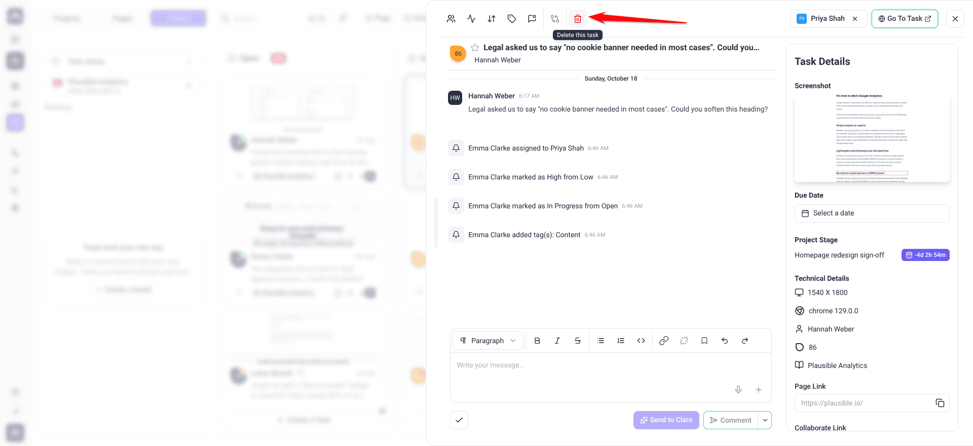 Task opened from Boards in a side panel; the arrow points at the trash icon with its tooltip Delete this task