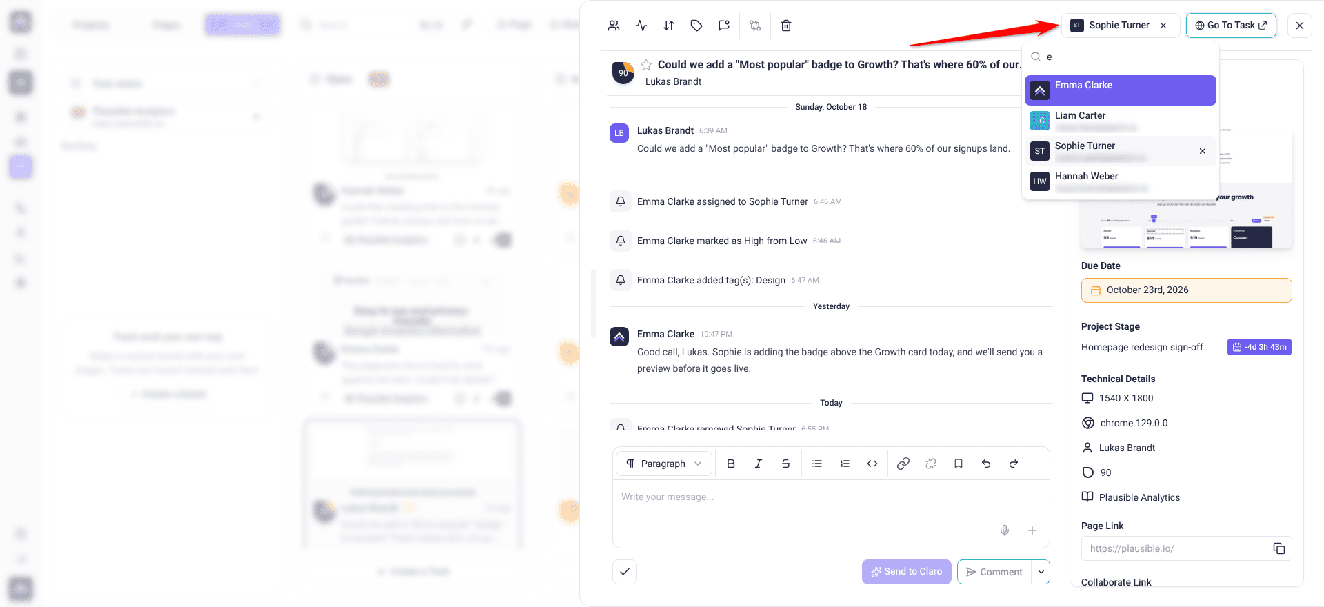 Task panel opened from Boards with the arrow on the Sophie Turner assignee control and its team member picker open below