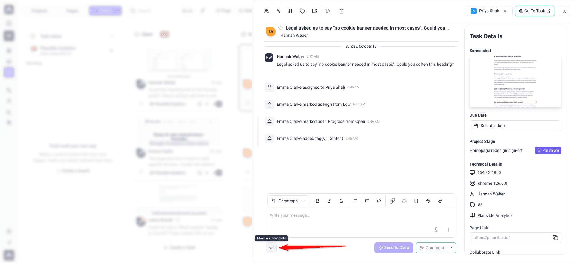 Task opened from Boards with the Mark as Complete tooltip showing; the arrow points at the Mark as Complete button
