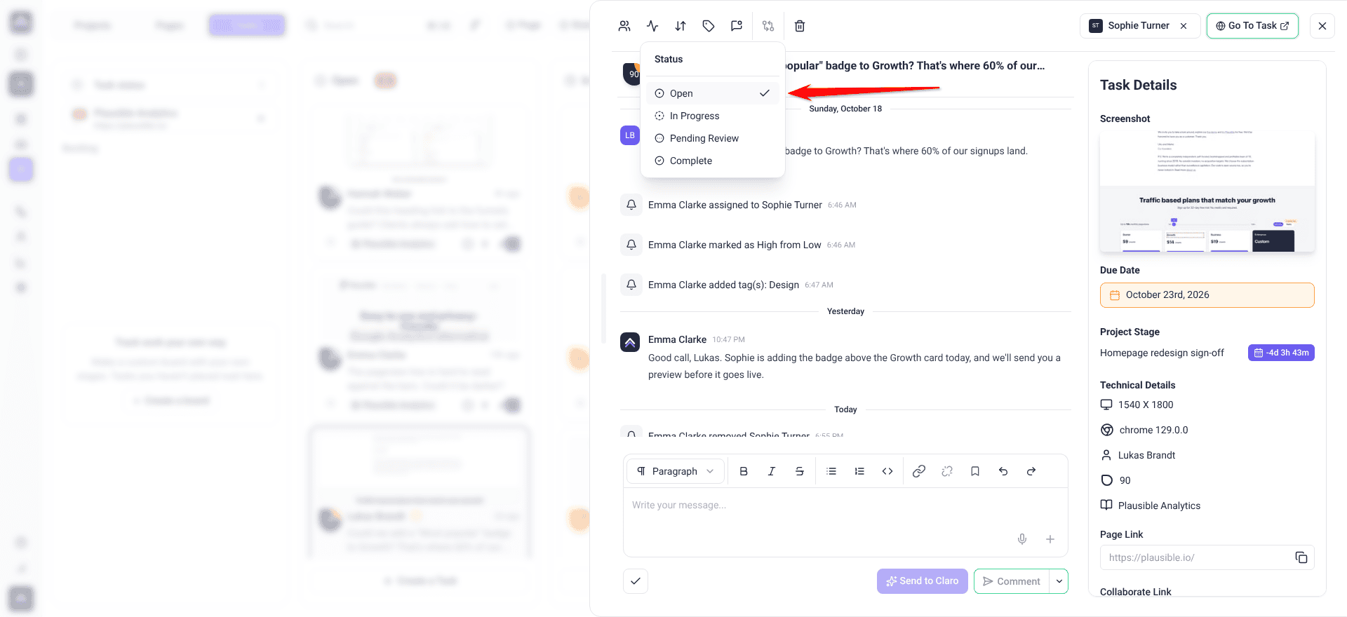 Task panel opened from Boards with the Status menu open, the arrow pointing at Open, and In Progress, Pending Review and Complete below