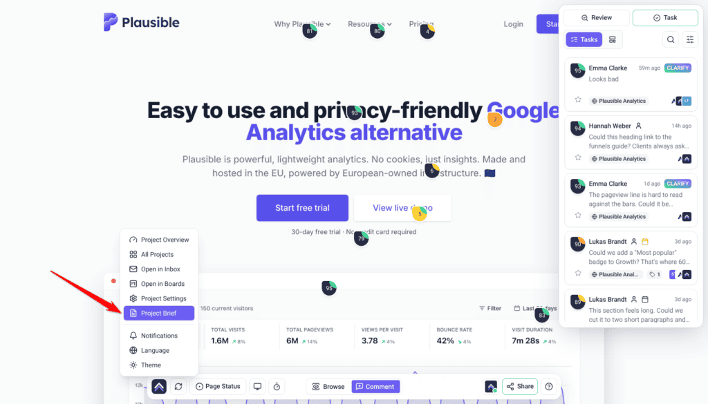 Collaborate bottom bar with the Atarim menu open and Project Brief highlighted