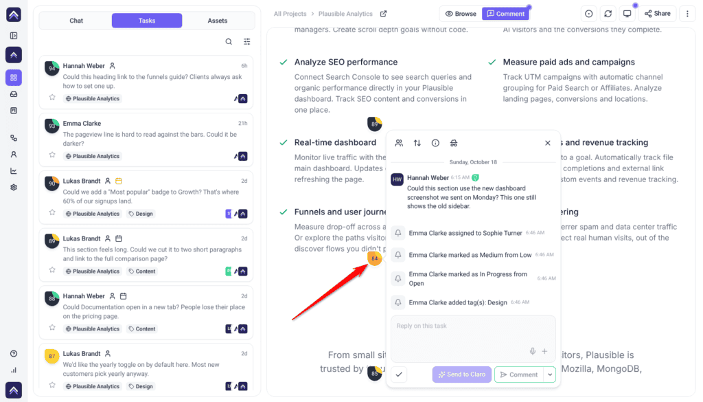 Hannah Weber's comment open in Collaborate beside its numbered marker on the Plausible page, with the arrow on the marker