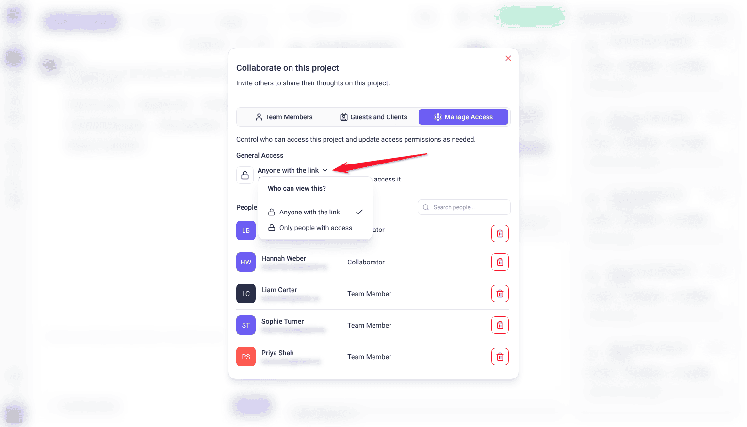 Manage Access tab with the Who can view this? menu open on its two options, the arrow on the Anyone with the link selector