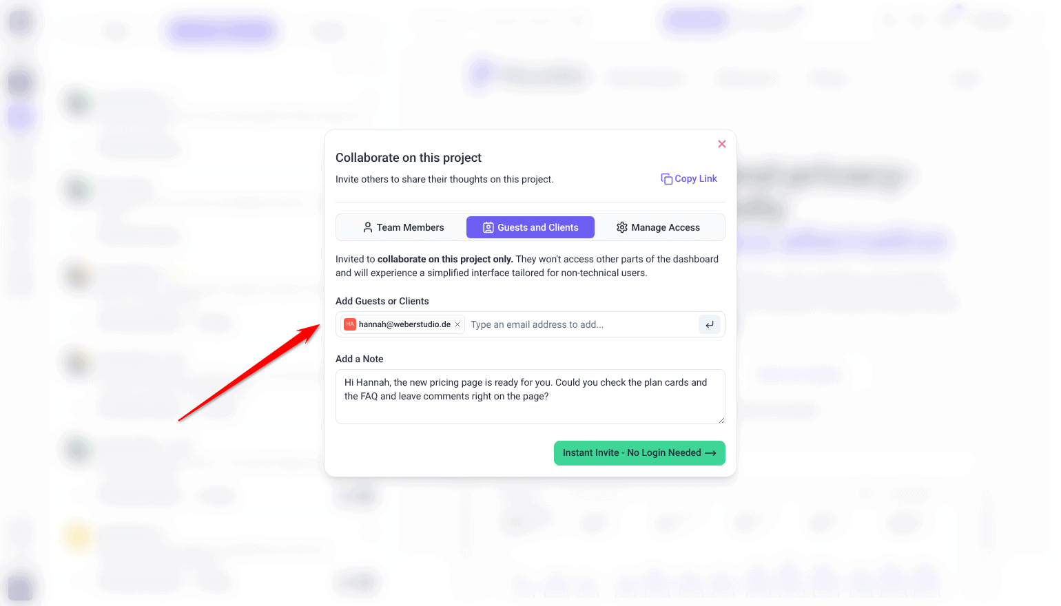 Guests and Clients tab with an email and a note added, the arrow on the Add Guests or Clients field
