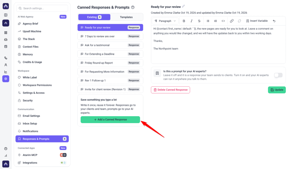 Canned Responses & Prompts screen on the Existing tab, with the red arrow pointing at the Add a Canned Response button beneath the list.