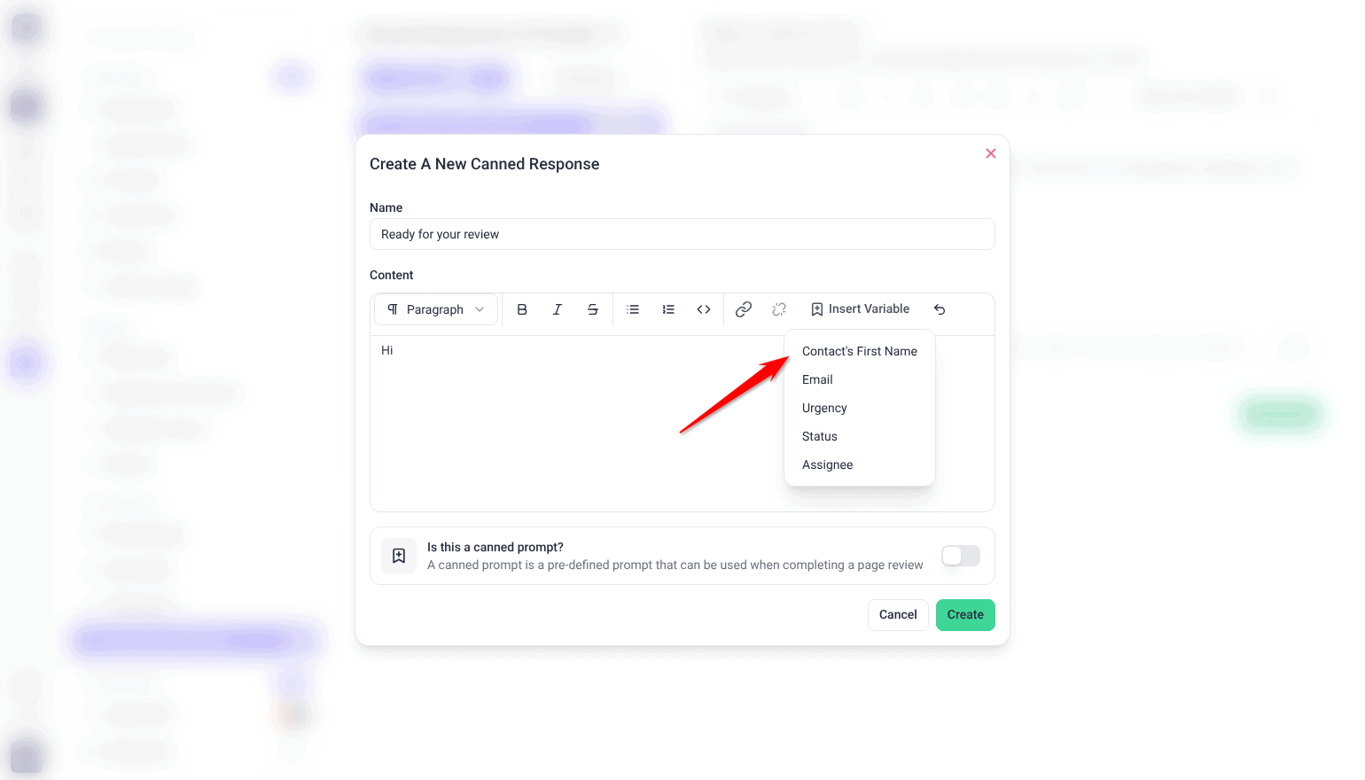 Insert Variable menu open in the Content editor, with the red arrow pointing at its five options: Contact's First Name, Email, Urgency, Status and Assignee.