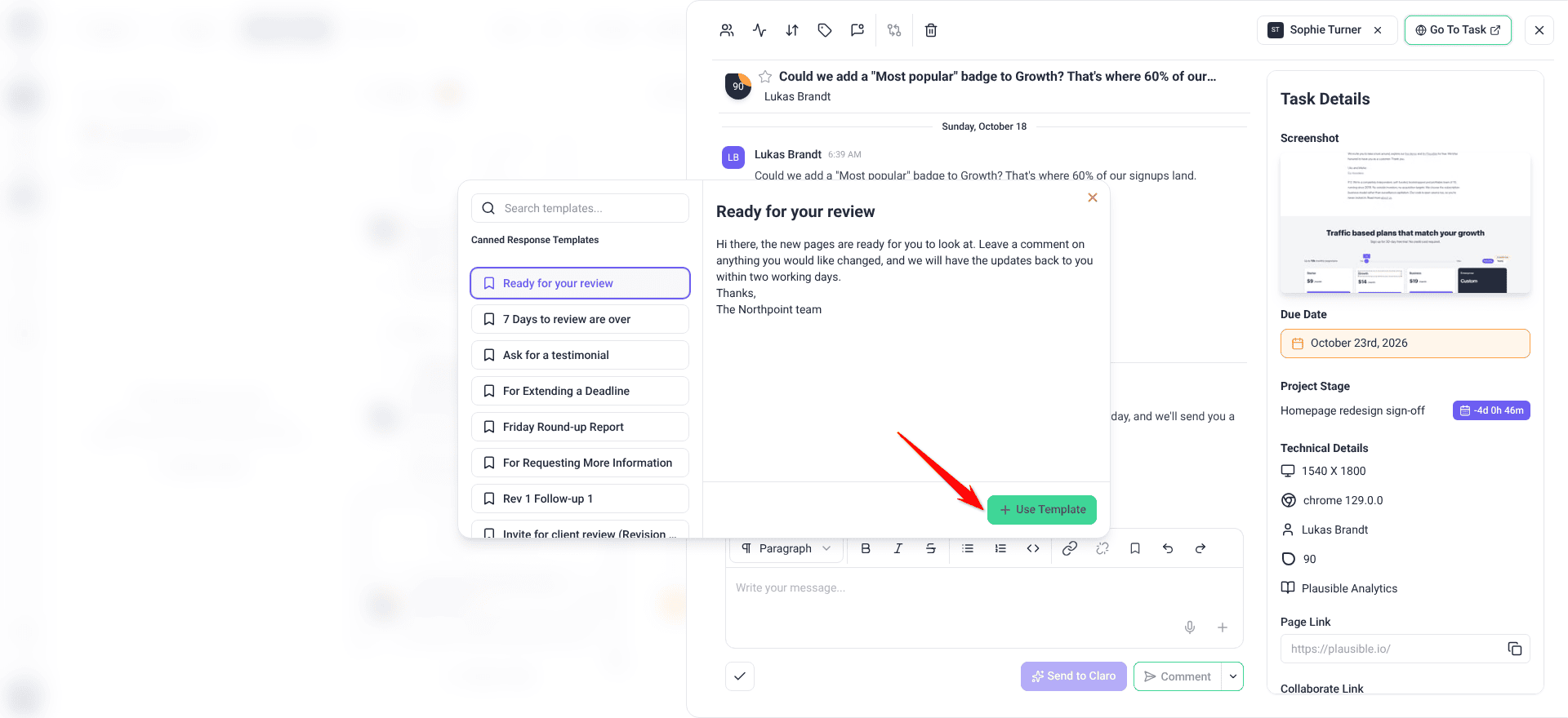 Canned response picker open over a task, with Ready for your review selected in Canned Response Templates, its text previewed on the right, and the red arrow pointing at Use Template.