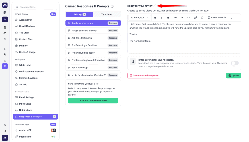 Selected canned response Ready for your review, with the red arrow pointing at the pencil icon beside its title and the Created by line beneath it.