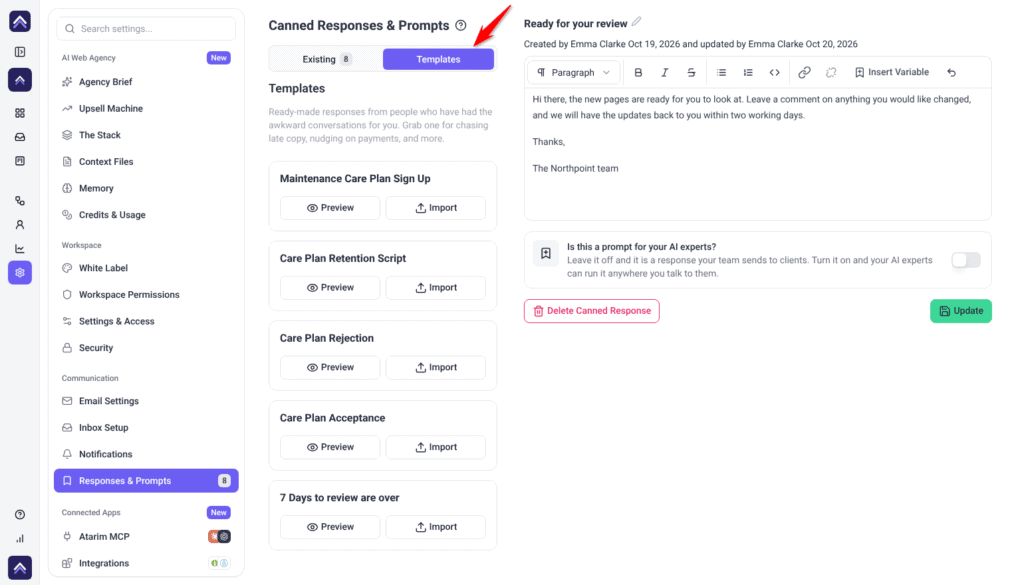 Canned Responses & Prompts screen with the red arrow pointing at the Templates tab, listing ready-made templates such as Maintenance Care Plan Sign Up, each with Preview and Import buttons.