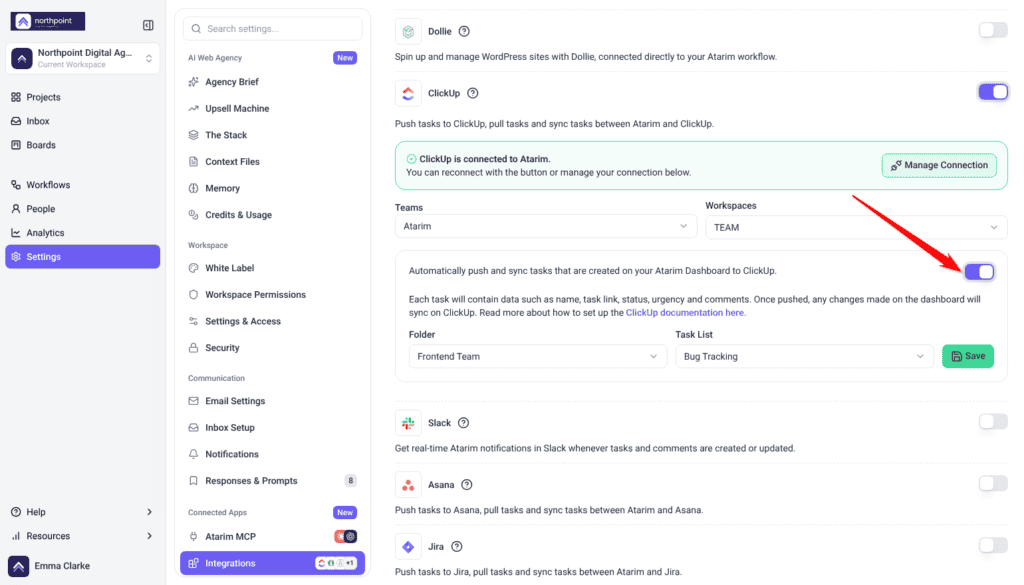 ClickUp settings with the arrow on the Automatically push and sync tasks switch, above the Folder and Task List selectors