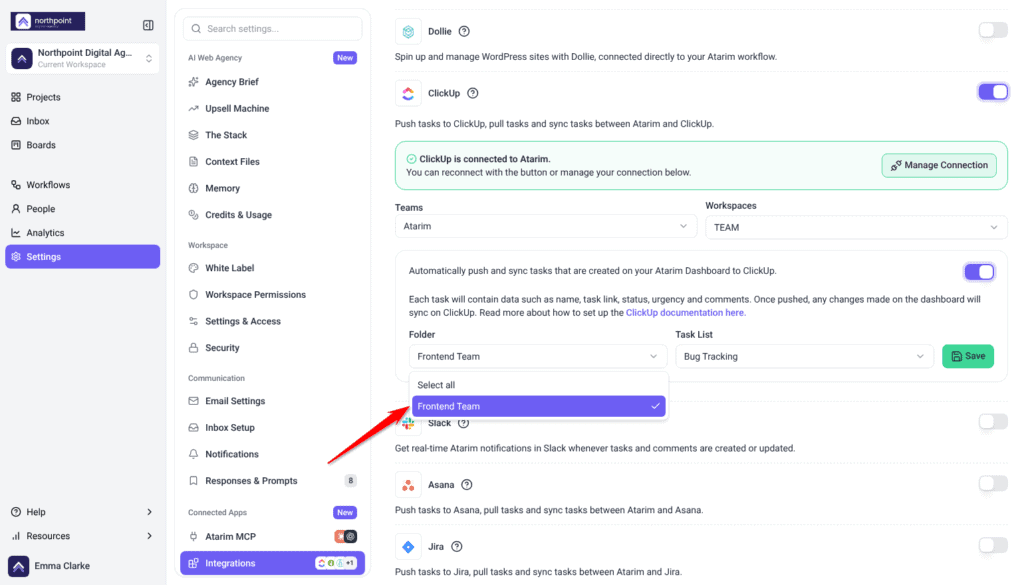 ClickUp settings with the Folder list open showing Select all and Frontend Team, the arrow pointing at Frontend Team