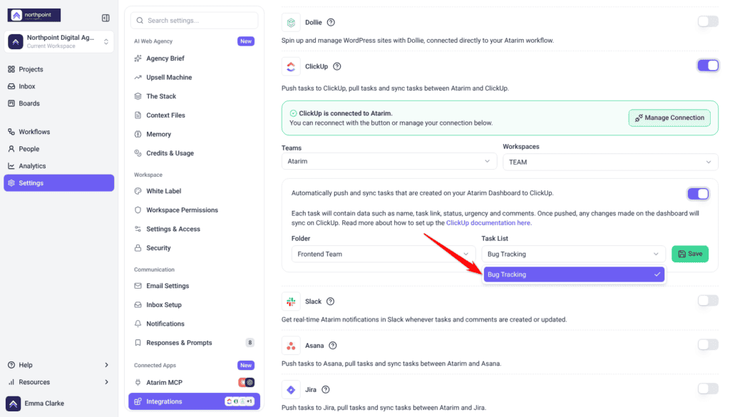 ClickUp settings with the Task List list open on Bug Tracking, the arrow pointing at the option