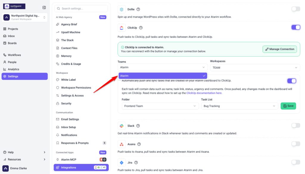 ClickUp settings with the Teams list open on Atarim, the arrow pointing at the option