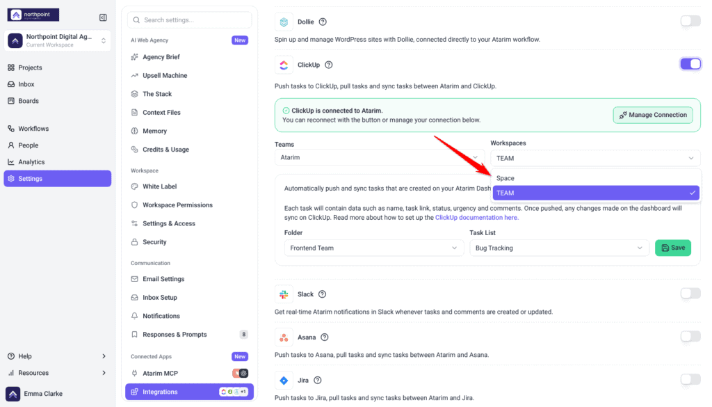 ClickUp settings with the Workspaces list open showing Space and TEAM, the arrow pointing at the list