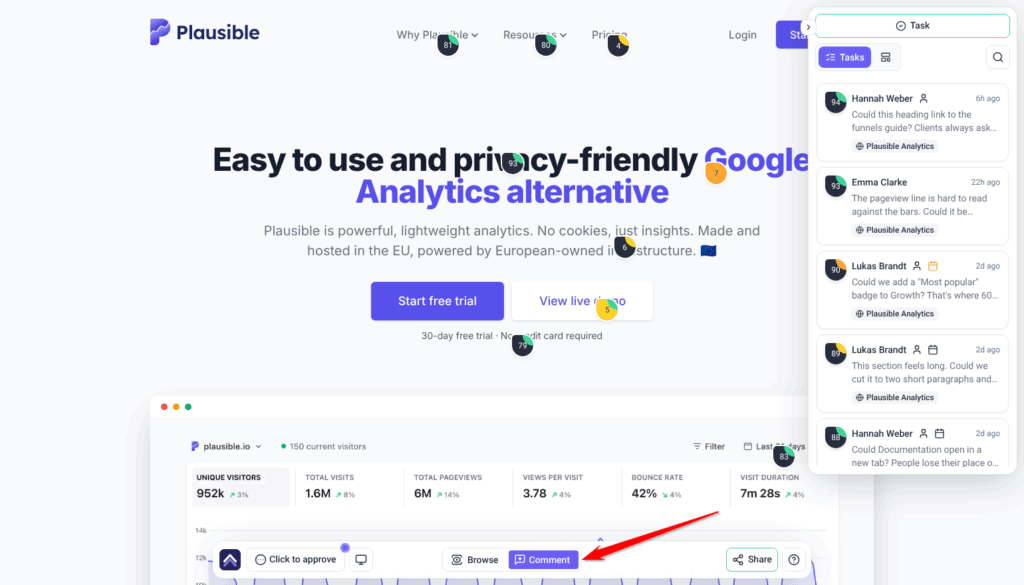 Guest view of a Plausible page with Browse and Comment in the bottom bar, Comment selected; the arrow points at the switch