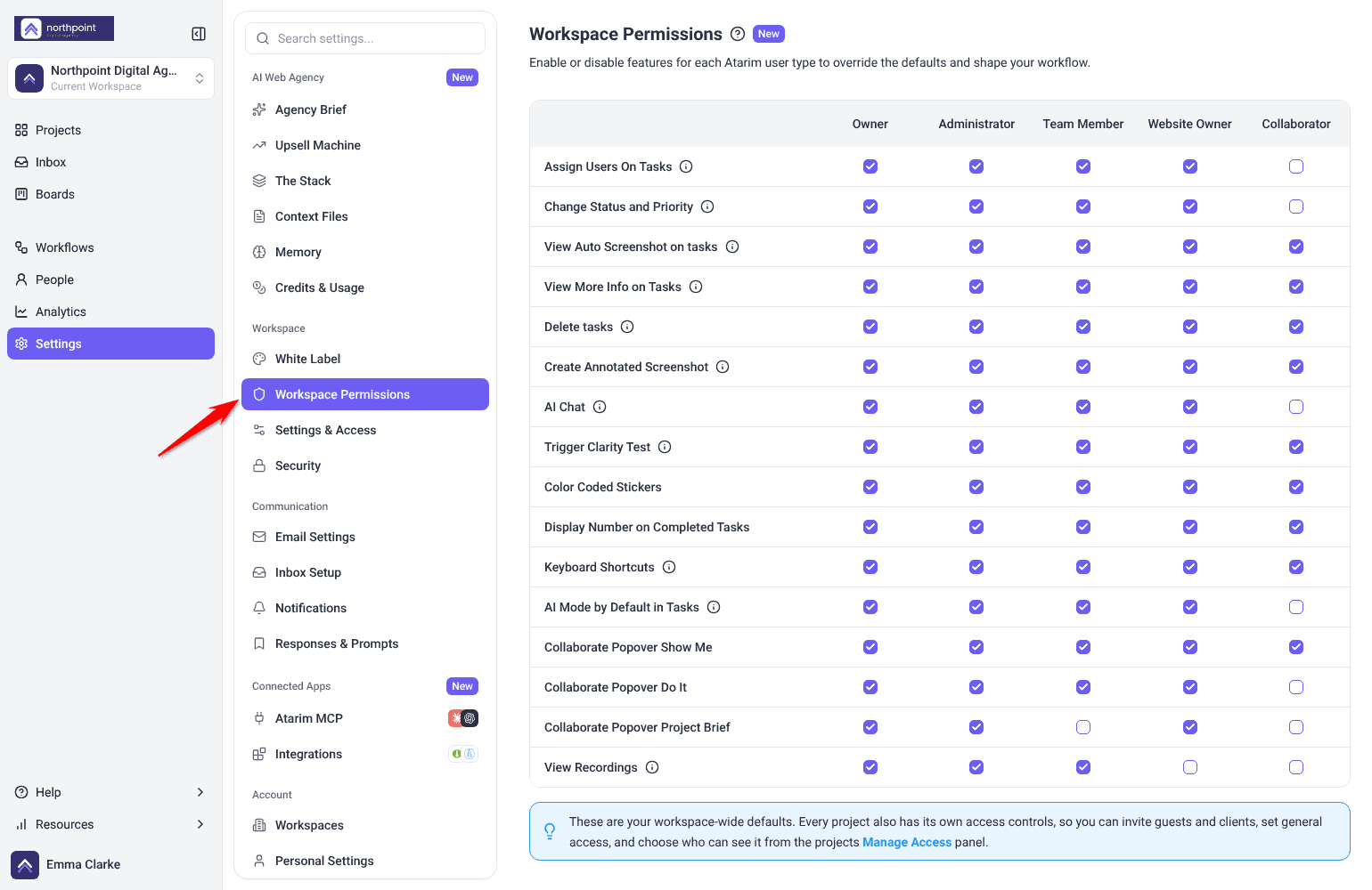 Settings open on Workspace Permissions, a table of features for Owner through Collaborator; the arrow points at Workspace Permissions