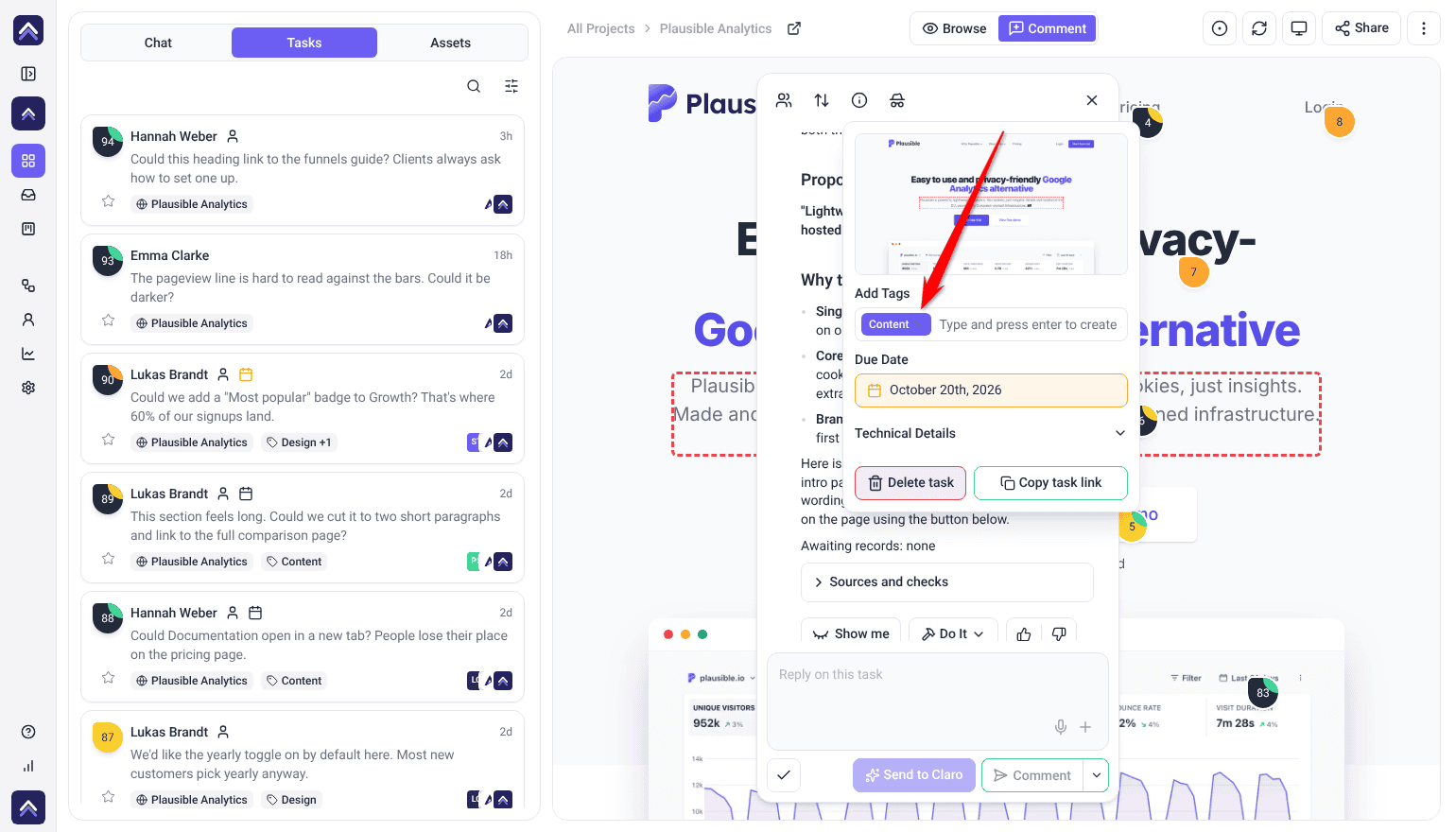 Collaborate Add Tags field with the Content tag; the arrow points at the cross on the tag that removes it
