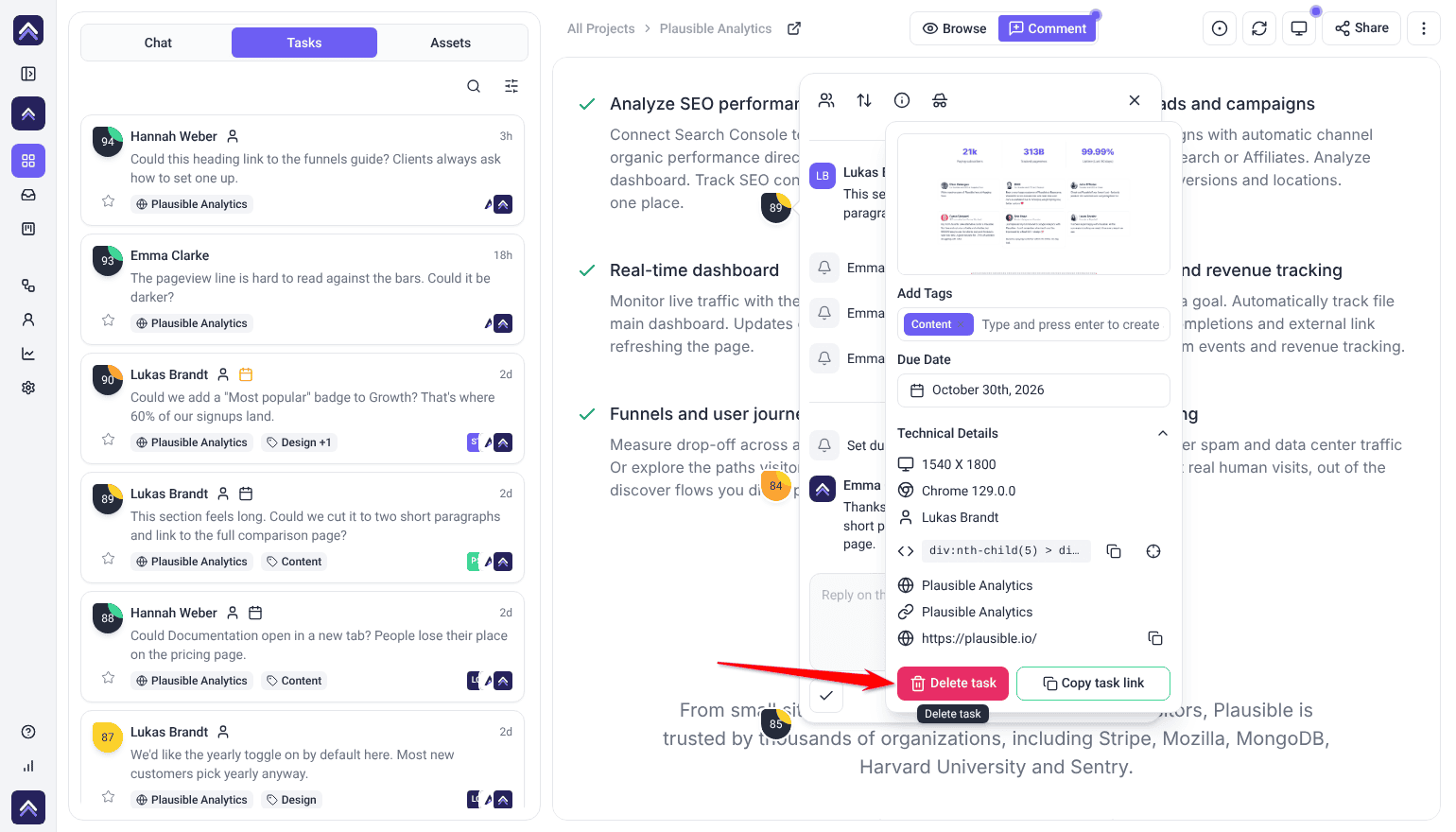 Collaborate task with Technical Details expanded; the arrow points at the Delete task button