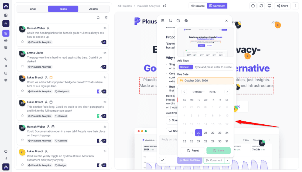 Collaborate task with the Due Date calendar open below Add Tags; the arrow points at the calendar
