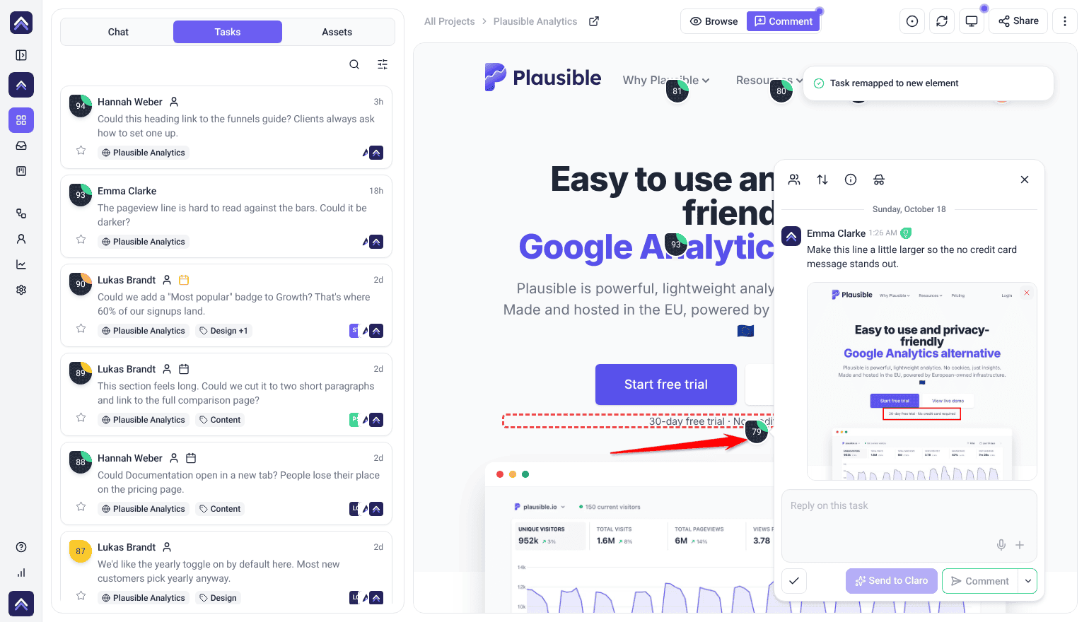 Collaborate page with the Task remapped to new element message; the arrow points at the task pin beside its outlined line