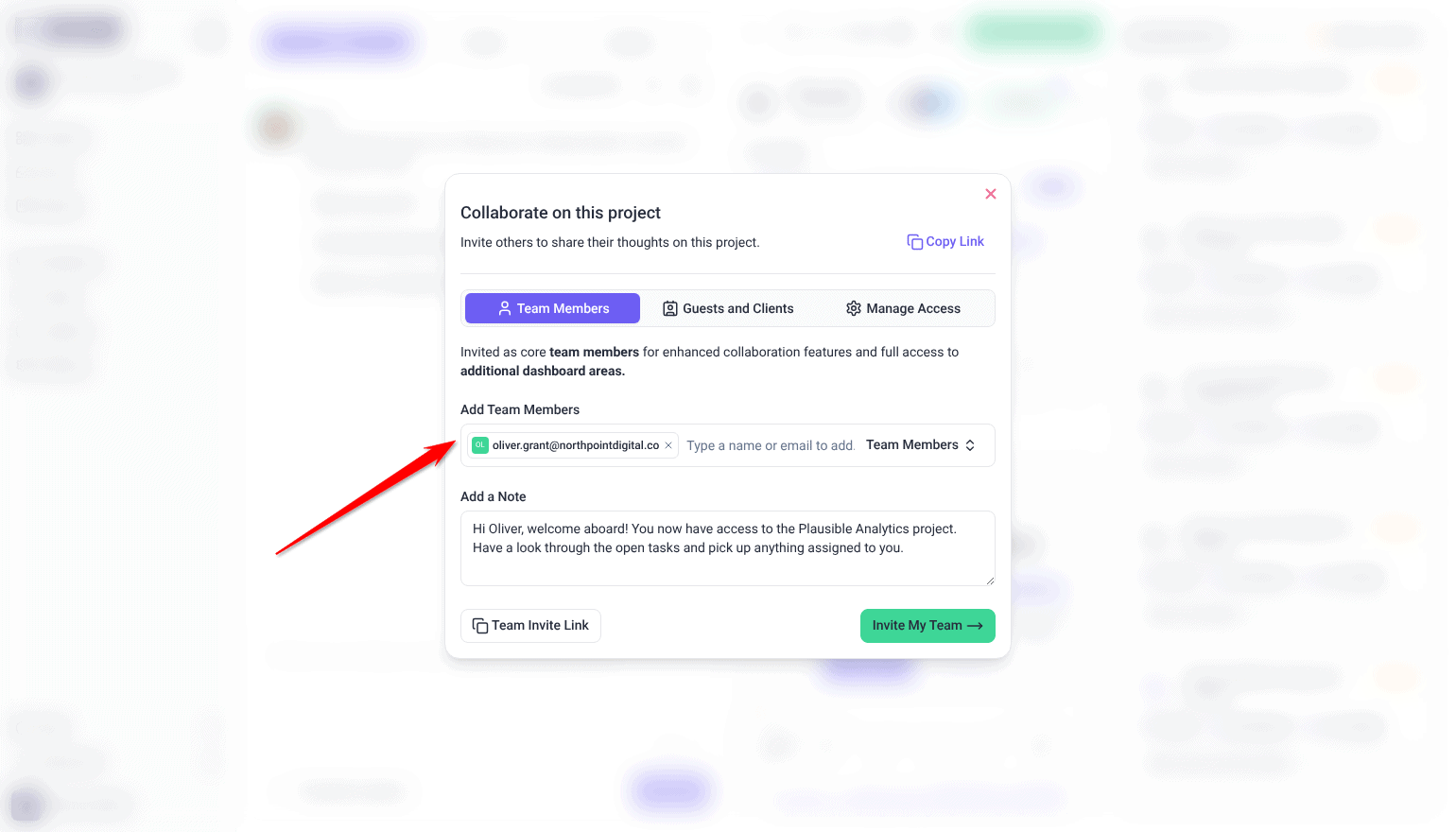 Collaborate on this project dialog on Team Members, an email address added under Add Team Members and a note, the red arrow pointing at the field.