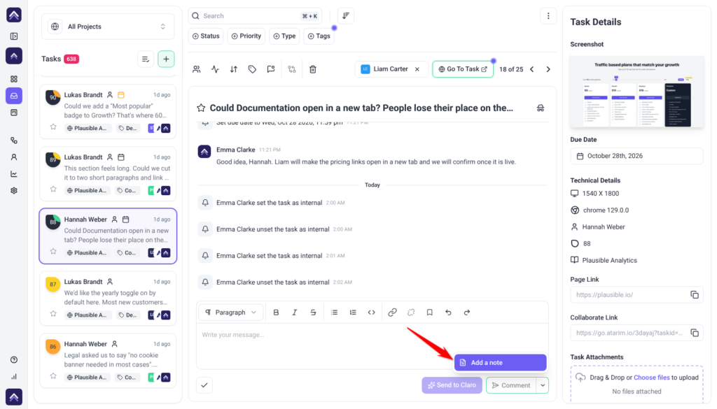 Comment button menu open on Add a note